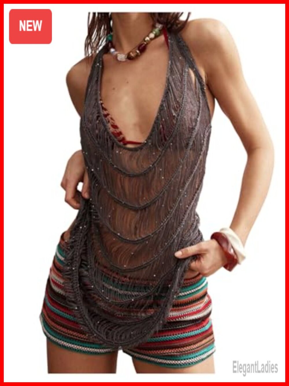 Crochet Halter Sequin Top Sheer Fringe Ripped Open Back Tee